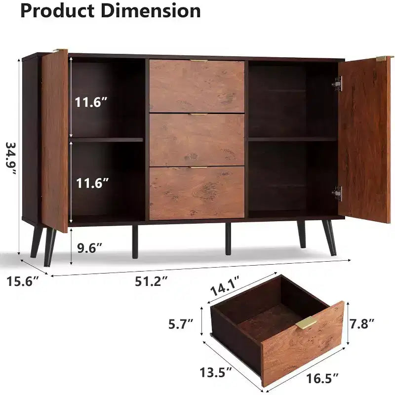 51.2" Farmhouse Sideboard Buffet Cabinet with 3 Drawers & Open Shelves – Walnut