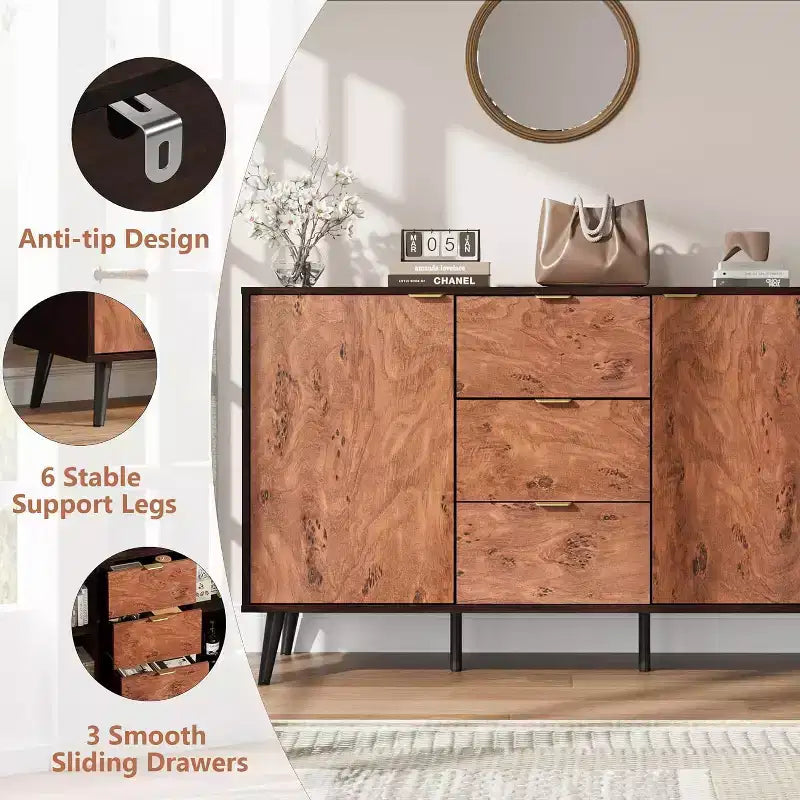 51.2" Farmhouse Sideboard Buffet Cabinet with 3 Drawers & Open Shelves – Walnut
