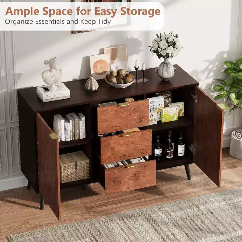51.2" Farmhouse Sideboard Buffet Cabinet with 3 Drawers & Open Shelves – Walnut