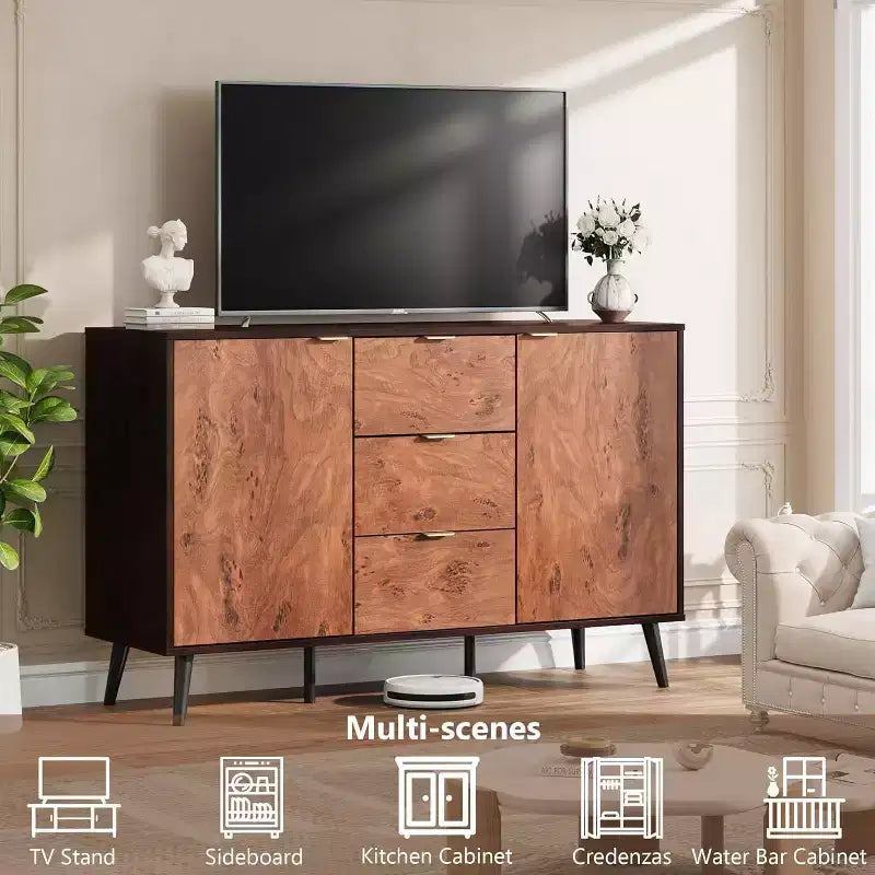 51.2" Farmhouse Sideboard Buffet Cabinet with 3 Drawers & Open Shelves – Walnut