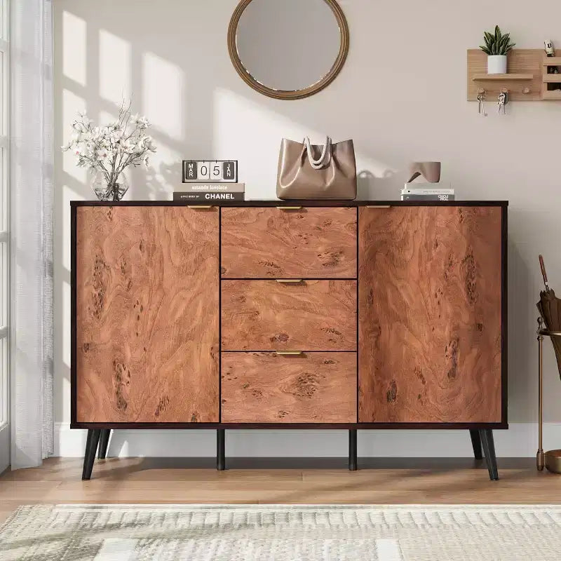 51.2" Farmhouse Sideboard Buffet Cabinet with 3 Drawers & Open Shelves – Walnut