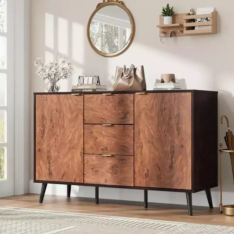 51.2" Farmhouse Sideboard Buffet Cabinet with 3 Drawers & Open Shelves – Walnut