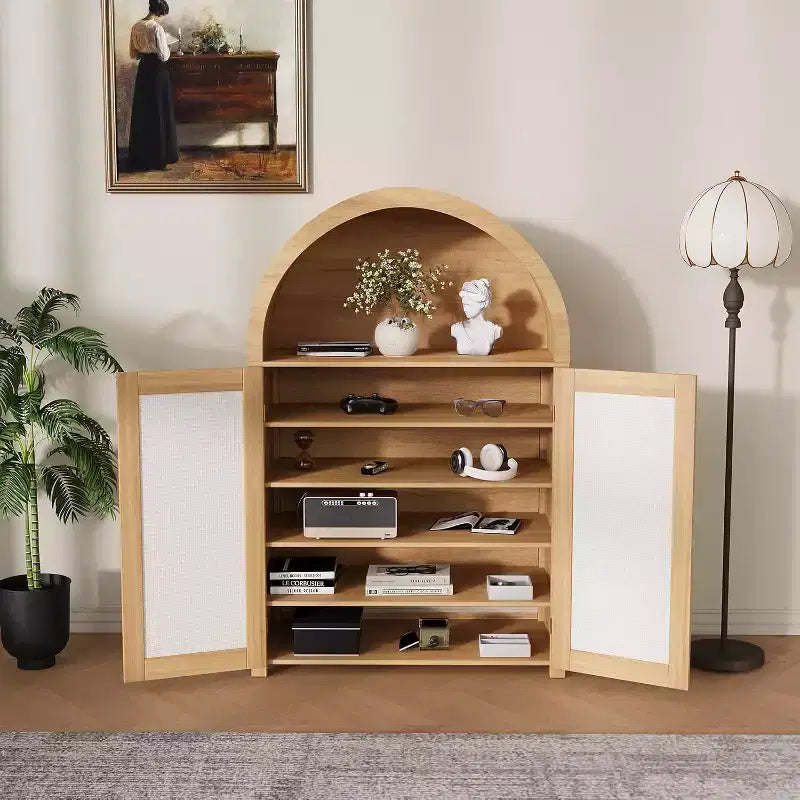 5-Tier Arched Shoe Storage Cabinet with Rattan Doors – Farmhouse Entryway Shoe Rack