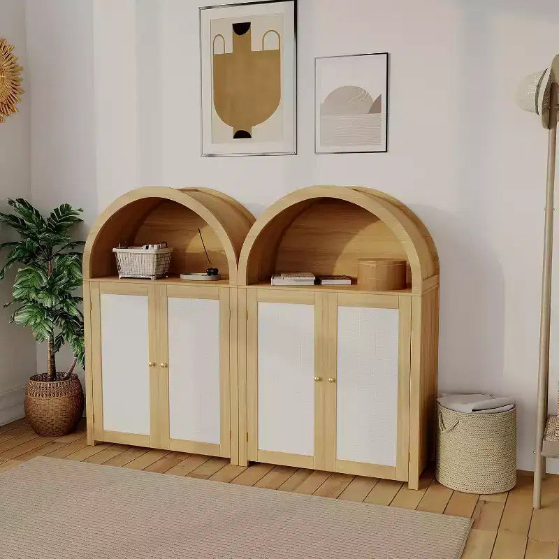 5-Tier Arched Shoe Storage Cabinet with Rattan Doors – Farmhouse Entryway Shoe Rack