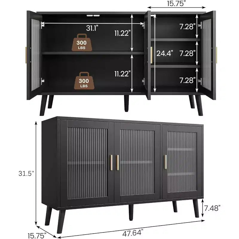 48" Black Sideboard Cabinet with 3 Fluted Glass Doors & Removable Shelves