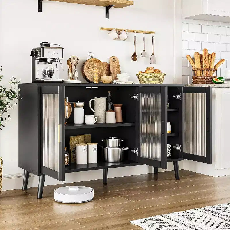 48 Kitchen Sideboard Cabinet with 3 Fluted Glass Doors Removable Shelves, Black Credenza Decorative for Living Room, Dining Room, Kitchen