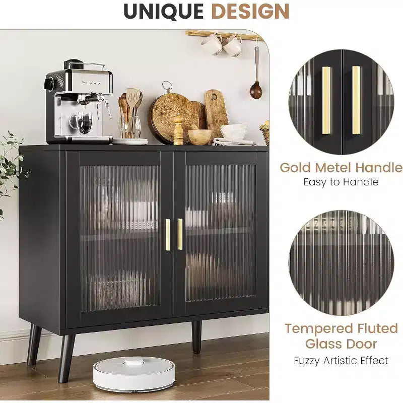 48 Kitchen Sideboard Cabinet with 3 Fluted Glass Doors Removable Shelves, Black Credenza Decorative for Living Room, Dining Room, Kitchen