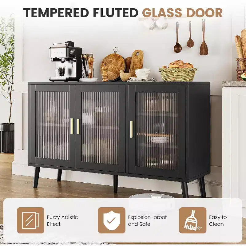48" Black Sideboard Cabinet with 3 Fluted Glass Doors & Removable Shelves
