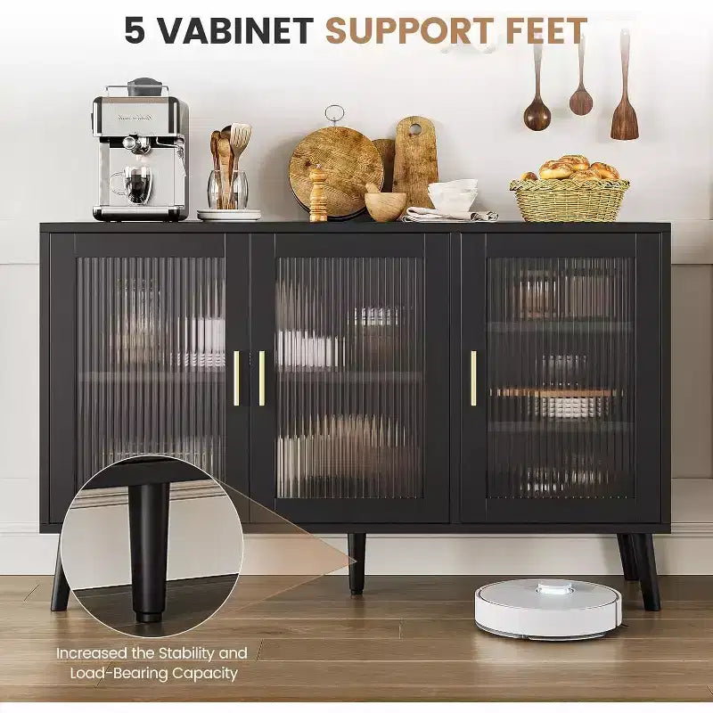 48" Black Sideboard Cabinet with 3 Fluted Glass Doors & Removable Shelves