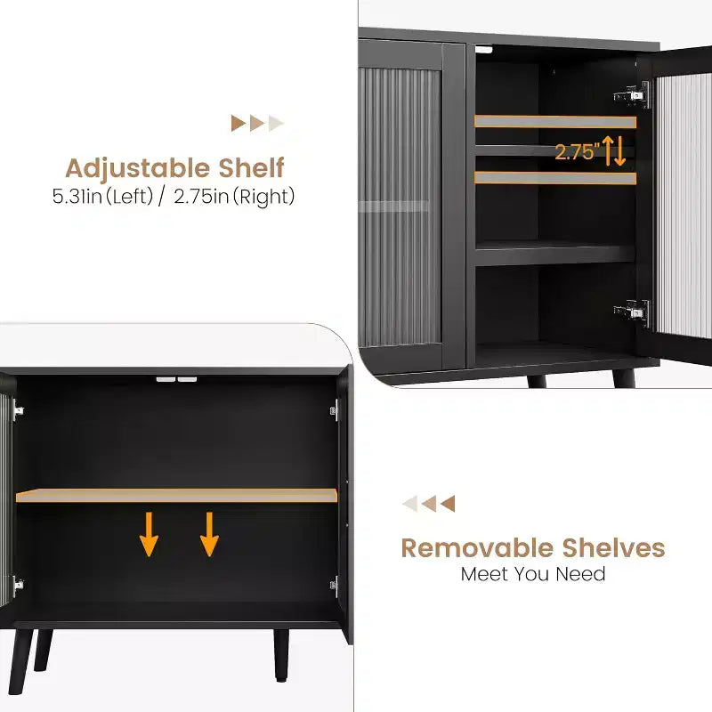48" Black Sideboard Cabinet with 3 Fluted Glass Doors & Removable Shelves