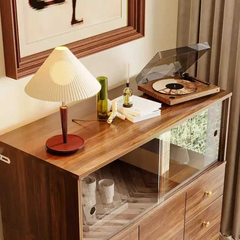 Vintage Style Storage Cabinet with LED Lighting & Acrylic Sliding Doors – Dark Wood