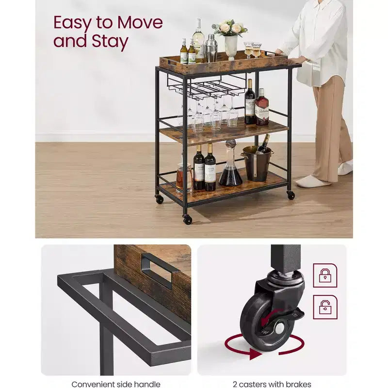 3-Tier Kitchen Serving Cart with Removable Tray - Mobile Utility Cart with Wheels & Brakes, Rustic Brown and Black