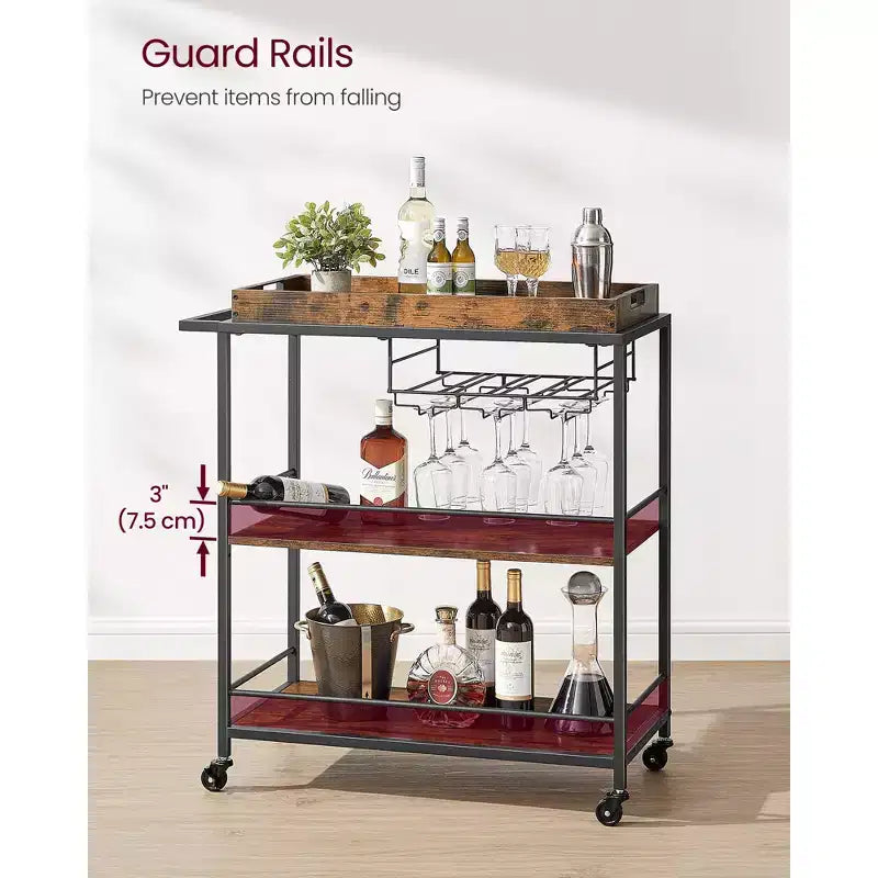 3-Tier Kitchen Serving Cart with Removable Tray - Mobile Utility Cart with Wheels & Brakes, Rustic Brown and Black