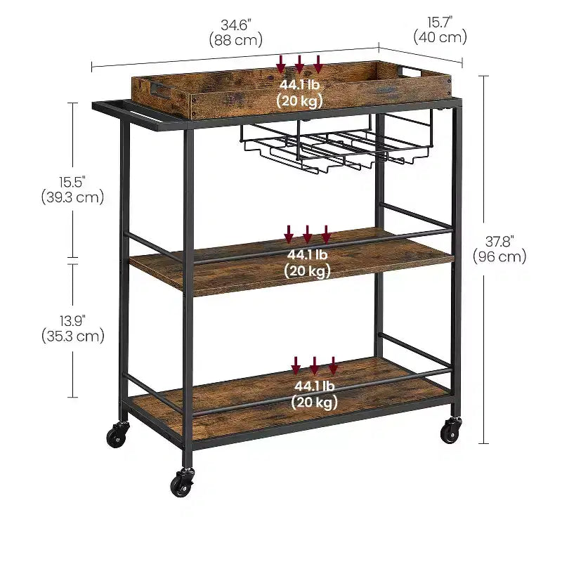3-Tier Kitchen Serving Cart with Removable Tray - Mobile Utility Cart with Wheels & Brakes, Rustic Brown and Black