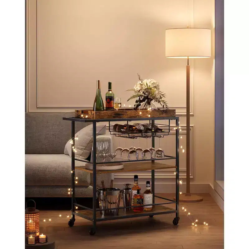 3-Tier Kitchen Serving Cart with Removable Tray - Mobile Utility Cart with Wheels & Brakes, Rustic Brown and Black