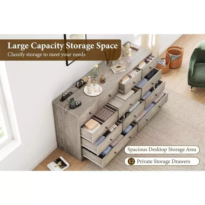 12 Drawer Dresser for Bedroom, 61 Inch Wood Dresser with Power Outlet, Wide Chest of Drawers