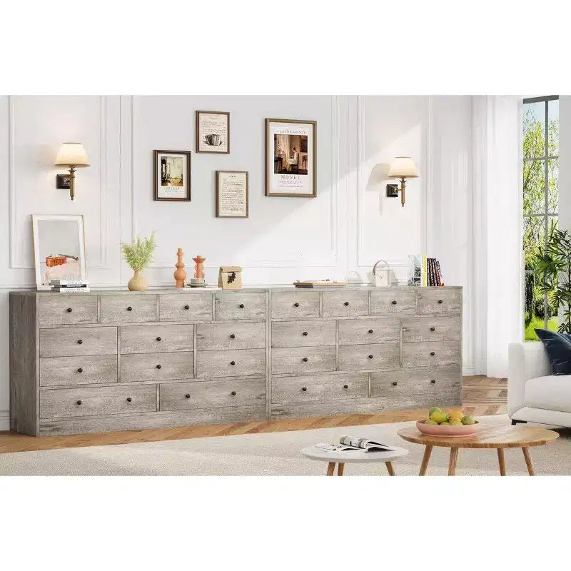 12 Drawer Dresser for Bedroom, 61 Inch Wood Dresser with Power Outlet, Wide Chest of Drawers