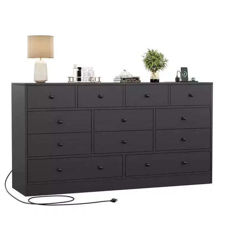 12 Drawer Dresser for Bedroom, 61 Inch Wood Dresser with Power Outlet, Wide Chest of Drawers