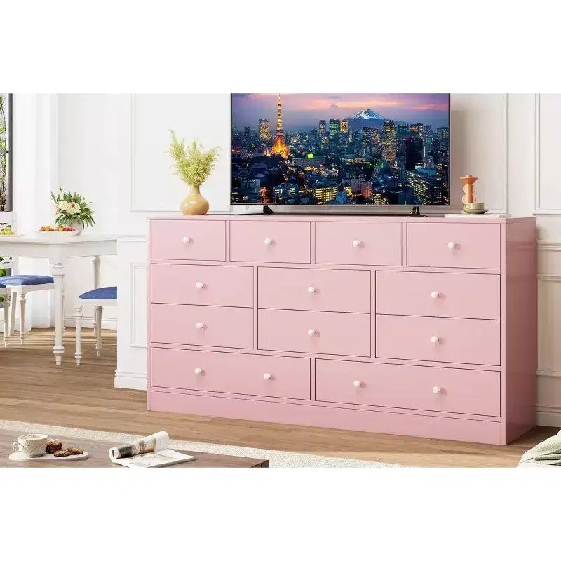 12 Drawer Dresser for Bedroom, 61 Inch Wood Dresser with Power Outlet, Wide Chest of Drawers
