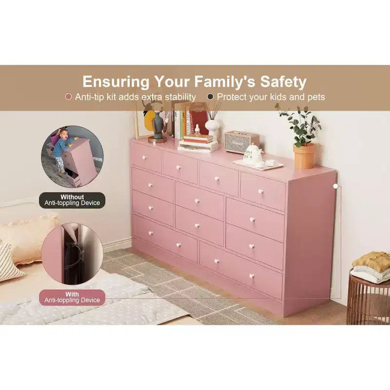 12 Drawer Dresser for Bedroom, 61 Inch Wood Dresser with Power Outlet, Wide Chest of Drawers
