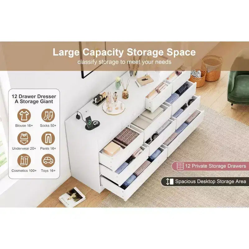 12 Drawer Dresser for Bedroom, 61 Inch Wood Dresser with Power Outlet, Wide Chest of Drawers