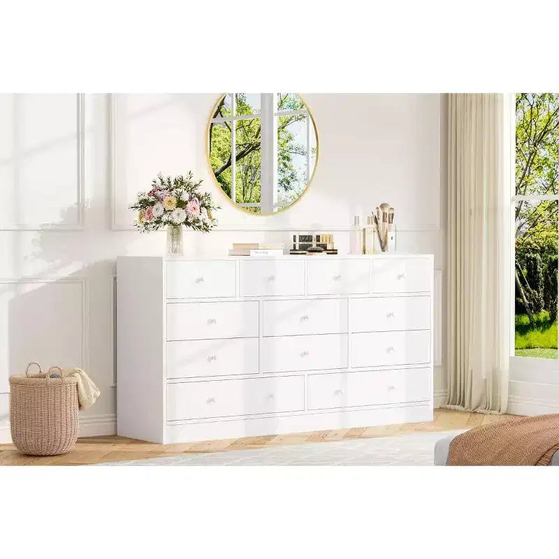 12 Drawer Dresser for Bedroom, 61 Inch Wood Dresser with Power Outlet, Wide Chest of Drawers