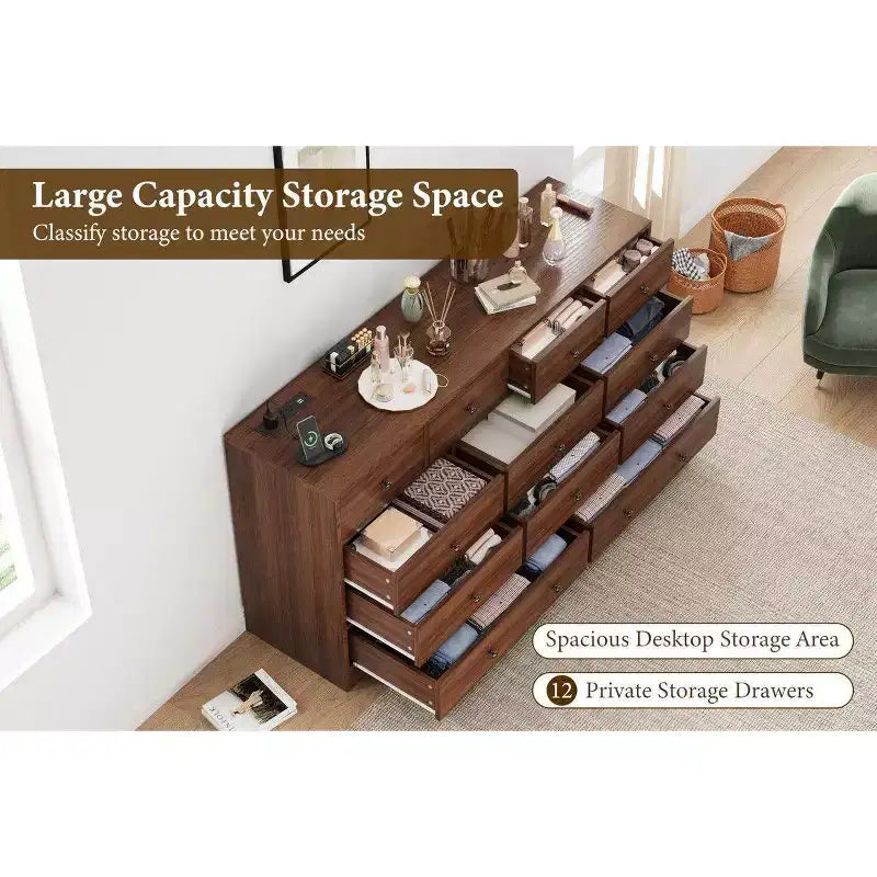 12 Drawer Dresser for Bedroom, 61 Inch Wood Dresser with Power Outlet, Wide Chest of Drawers