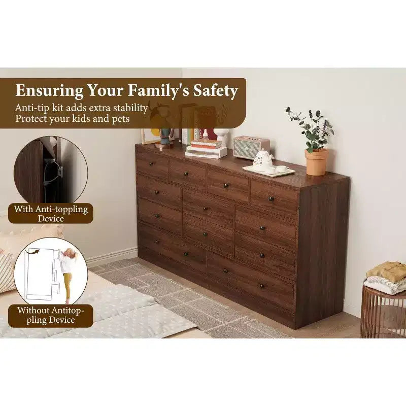 12 Drawer Dresser for Bedroom, 61 Inch Wood Dresser with Power Outlet, Wide Chest of Drawers
