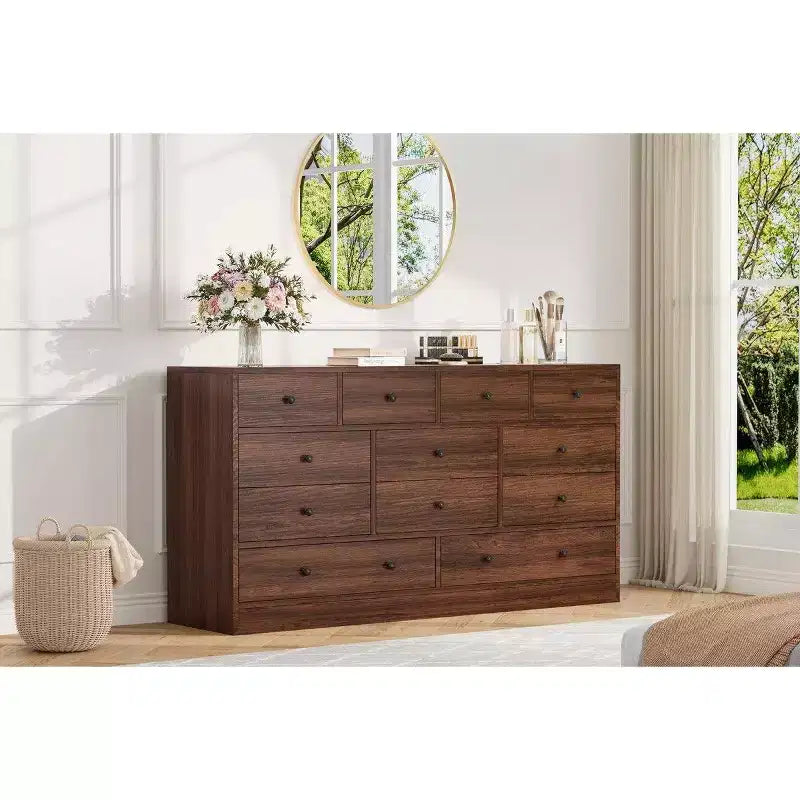 12 Drawer Dresser for Bedroom, 61 Inch Wood Dresser with Power Outlet, Wide Chest of Drawers