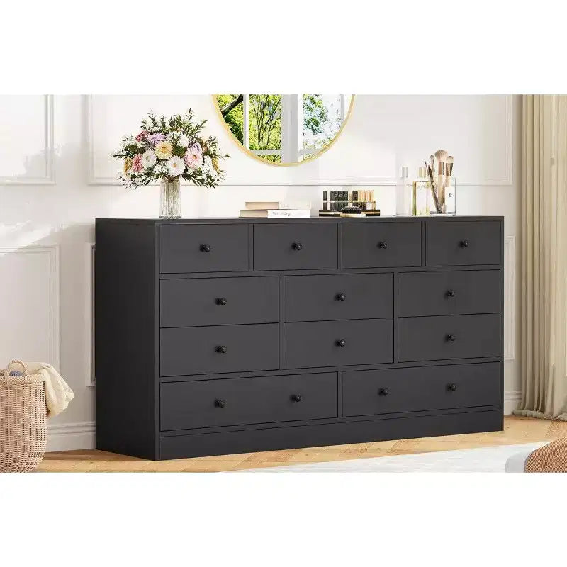 12 Drawer Dresser for Bedroom, 61 Inch Wood Dresser with Power Outlet, Wide Chest of Drawers