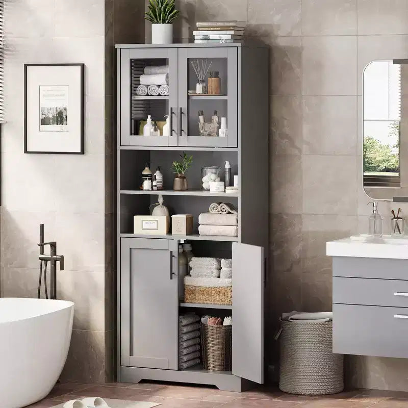 GustoWave Mobiletto alto da bagno, mobiletto da bagno indipendente con ante in vetro e ripiani regolabili, 67 Mobiletto moderno