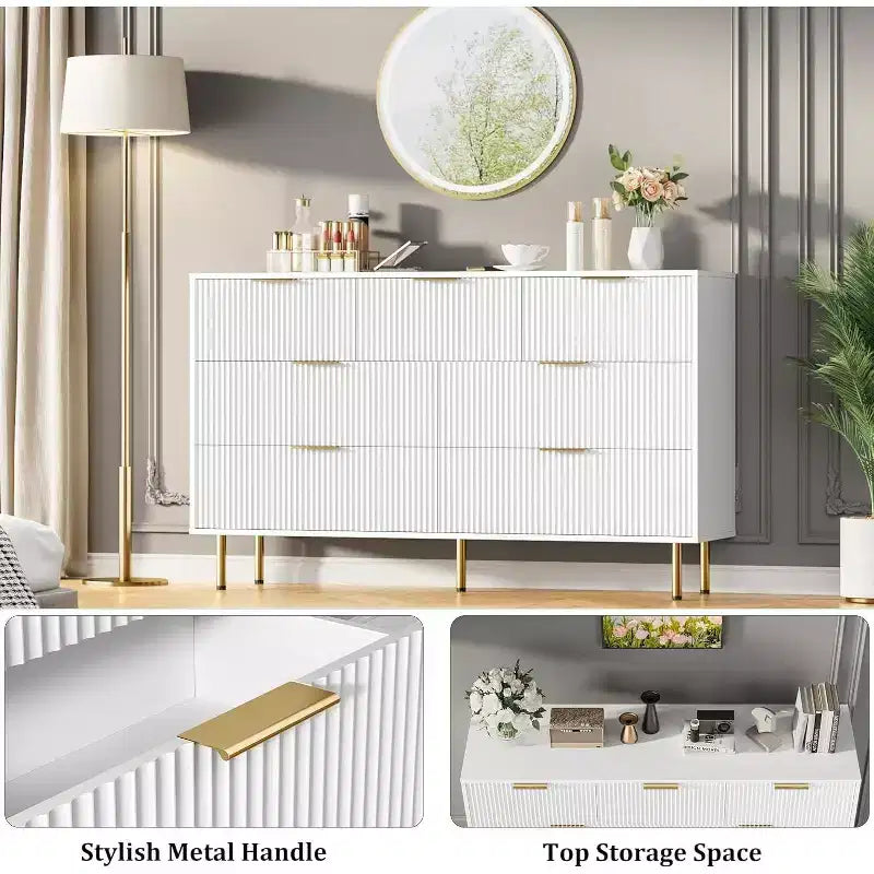 7 Drawers Dresser - Wide Top Wood Storage with Metal Handles for Bedroom & Living Room