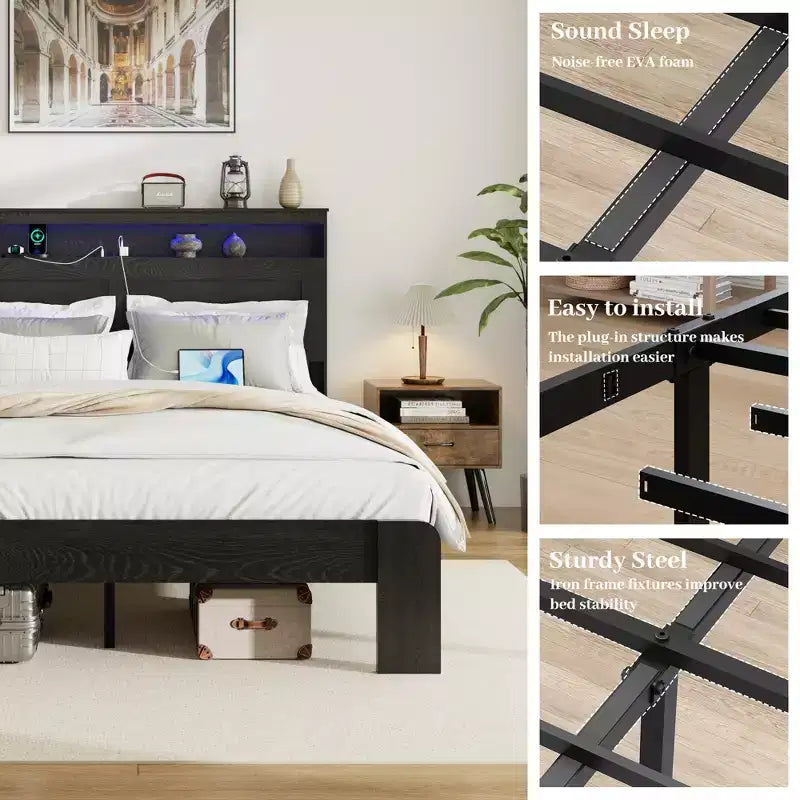 Bed Frame Queen/King Size,Wood Platform with Under Bed Storage LED Light Headboard and 2 USB,Noise Free,No Box Spring Needed,Dark Black