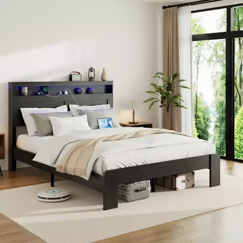 Bed Frame Queen/King Size,Wood Platform with Under Bed Storage LED Light Headboard and 2 USB,Noise Free,No Box Spring Needed,Dark Black