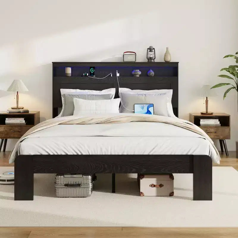Bed Frame Queen/King Size,Wood Platform with Under Bed Storage LED Light Headboard and 2 USB,Noise Free,No Box Spring Needed,Dark Black