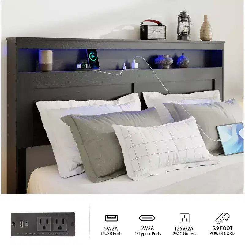 Bed Frame Queen/King Size,Wood Platform with Under Bed Storage LED Light Headboard and 2 USB,Noise Free,No Box Spring Needed,Dark Black