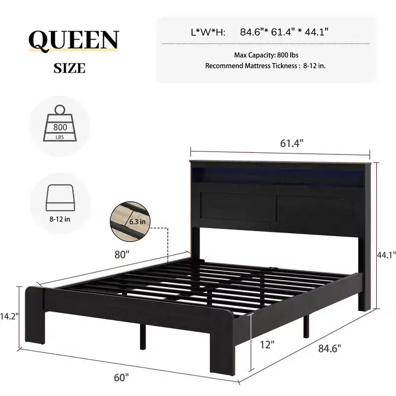 Bed Frame Queen/King Size,Wood Platform with Under Bed Storage LED Light Headboard and 2 USB,Noise Free,No Box Spring Needed,Dark Black
