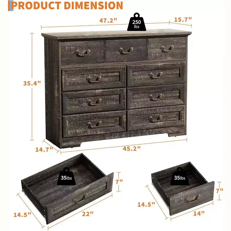 Comò a 9 cassetti in stile rustico per camera da letto - Cassettiera vintage in legno per vestiti e oggetti essenziali, Organizzatore versatile per camera da letto, soggiorno e corridoio
