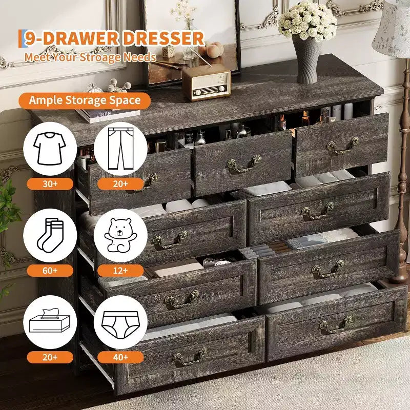 Comò a 9 cassetti in stile rustico per camera da letto - Cassettiera vintage in legno per vestiti e oggetti essenziali, Organizzatore versatile per camera da letto, soggiorno e corridoio
