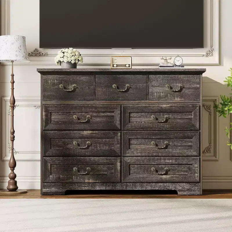 Comò a 9 cassetti in stile rustico per camera da letto - Cassettiera vintage in legno per vestiti e oggetti essenziali, Organizzatore versatile per camera da letto, soggiorno e corridoio