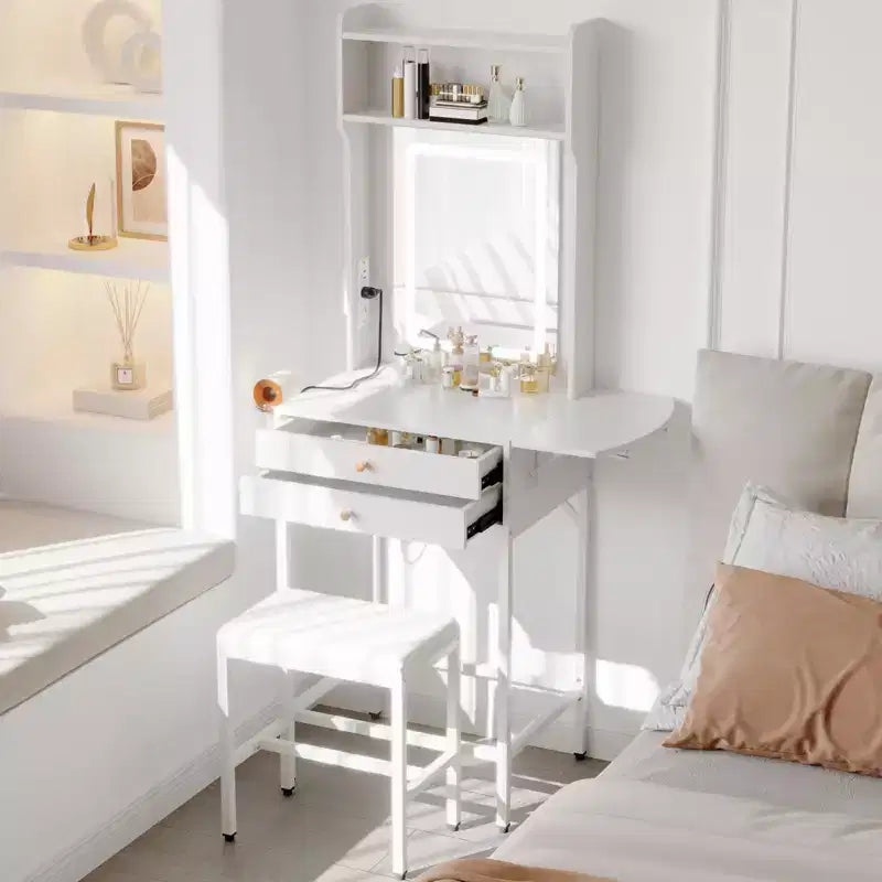 Small Makeup Vanity Desk set with Mirror, Stool, Adjustable Lighted,2 Drawers,Hair Dryer Holder,Fold-Up Panel, for Small Bedrooms and Corner