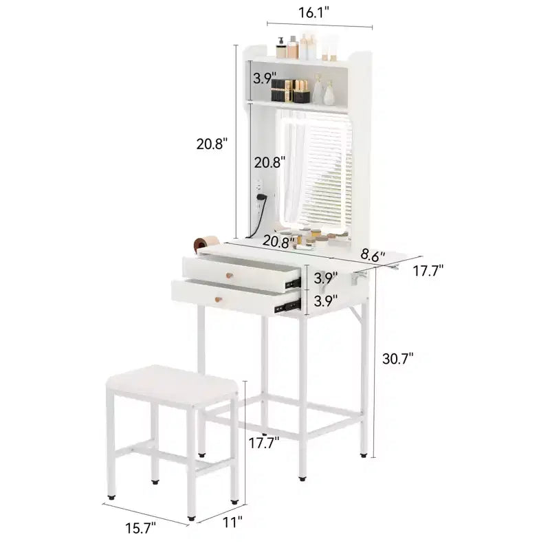 Small Makeup Vanity Desk set with Mirror, Stool, Adjustable Lighted,2 Drawers,Hair Dryer Holder,Fold-Up Panel, for Small Bedrooms and Corner