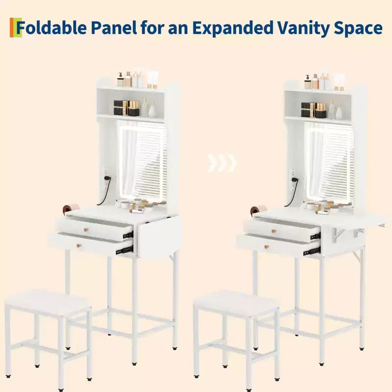 Small Makeup Vanity Desk set with Mirror, Stool, Adjustable Lighted,2 Drawers,Hair Dryer Holder,Fold-Up Panel, for Small Bedrooms and Corner