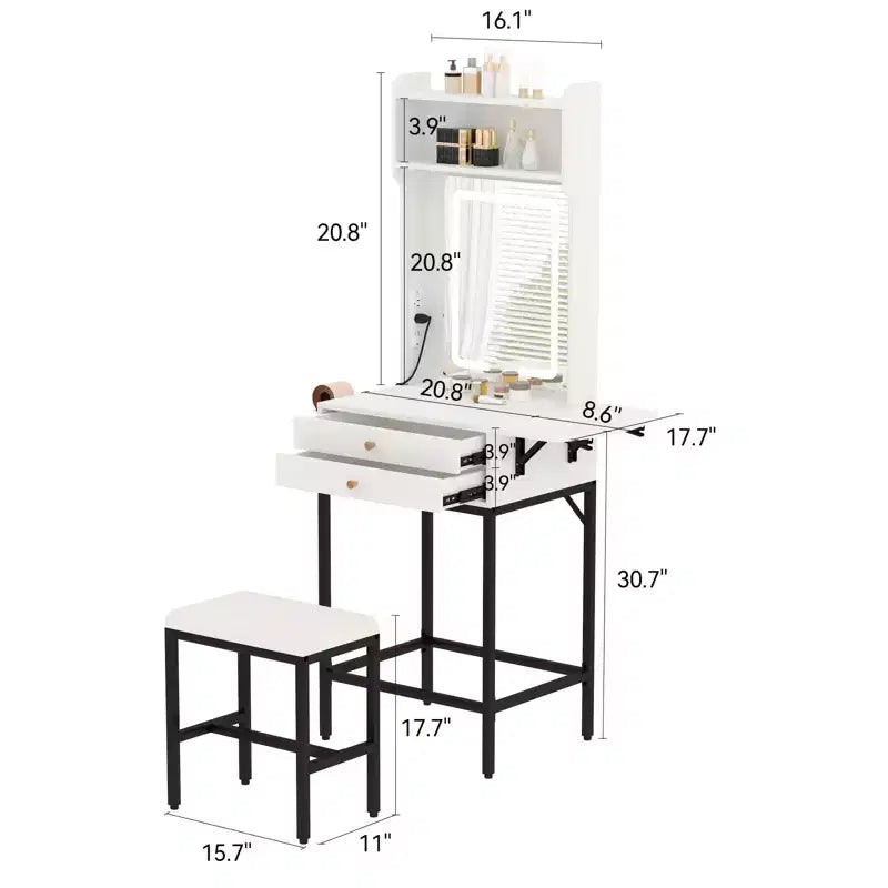 Small Makeup Vanity Desk set with Mirror, Stool, Adjustable Lighted,2 Drawers,Hair Dryer Holder,Fold-Up Panel, for Small Bedrooms and Corner
