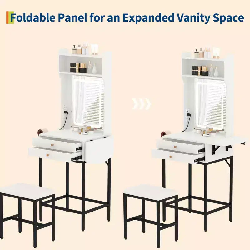 Small Makeup Vanity Desk set with Mirror, Stool, Adjustable Lighted,2 Drawers,Hair Dryer Holder,Fold-Up Panel, for Small Bedrooms and Corner