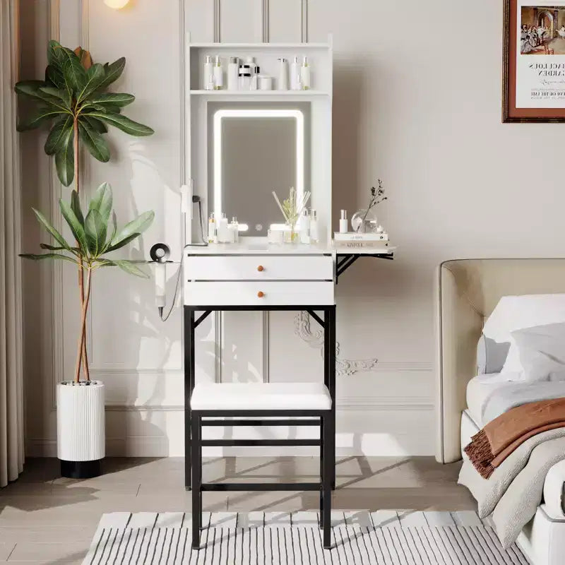 Small Makeup Vanity Desk set with Mirror, Stool, Adjustable Lighted,2 Drawers,Hair Dryer Holder,Fold-Up Panel, for Small Bedrooms and Corner