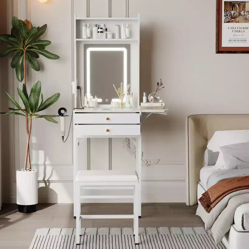 Small Makeup Vanity Desk set with Mirror, Stool, Adjustable Lighted,2 Drawers,Hair Dryer Holder,Fold-Up Panel, for Small Bedrooms and Corner