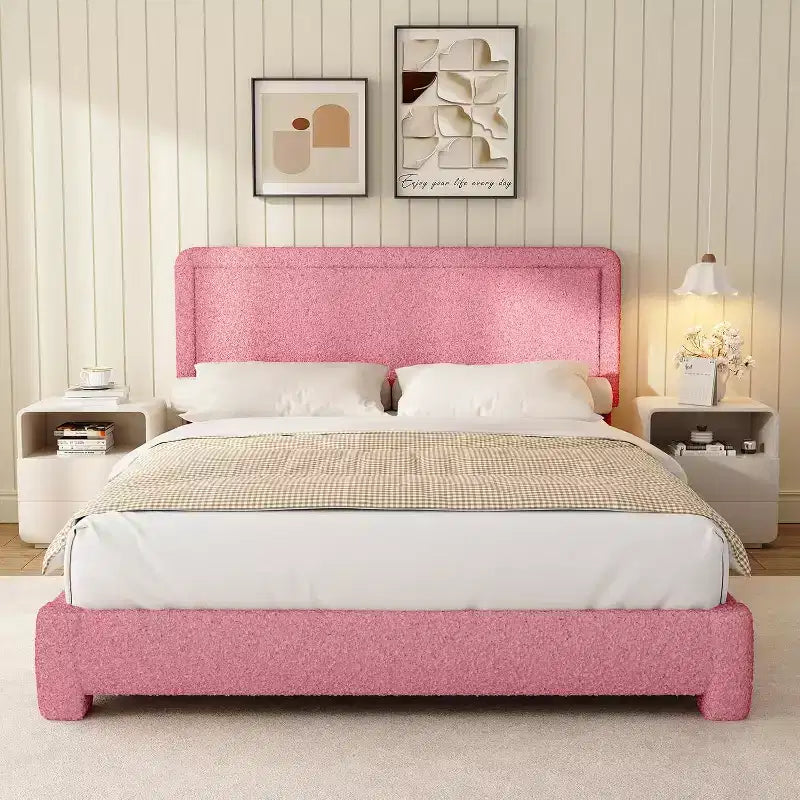 Base letto Boucle Dyonery, base letto imbottita in tessuto Teddy nero con testiera, non è richiesta la rete a doghe, testiera regolabile, facile montaggio