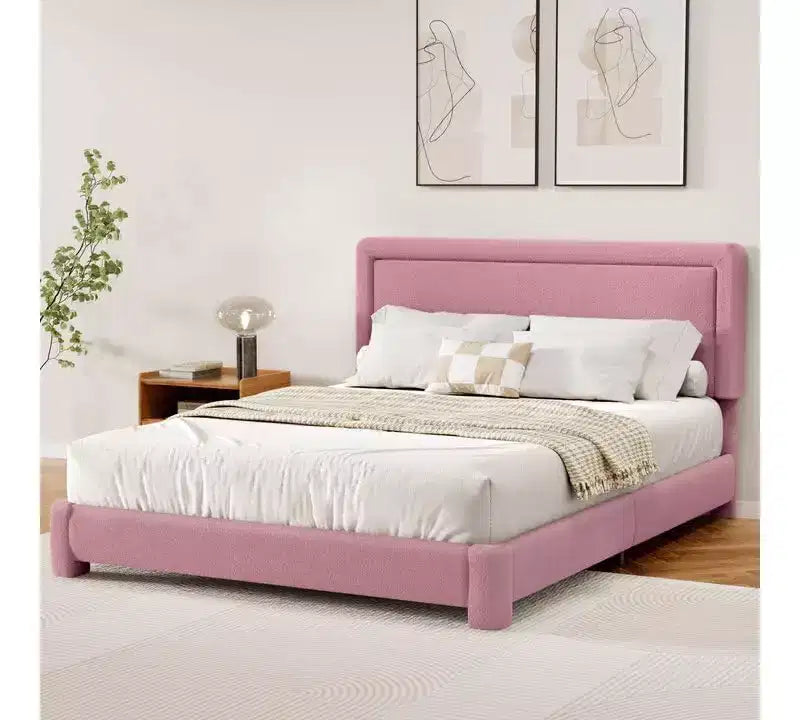 Base letto Boucle Dyonery, base letto imbottita in tessuto Teddy nero con testiera, non è richiesta la rete a doghe, testiera regolabile, facile montaggio
