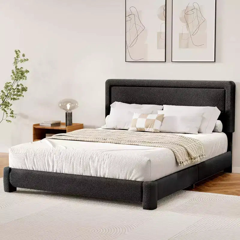 Base letto Boucle Dyonery, base letto imbottita in tessuto Teddy nero con testiera, non è richiesta la rete a doghe, testiera regolabile, facile montaggio